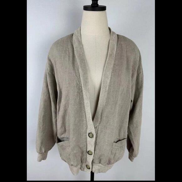 Vintage 80s 90s Beige Linen Campus Cardigan Jacket  Minimalist Earthtone Grandpa - Picture 2 of 9